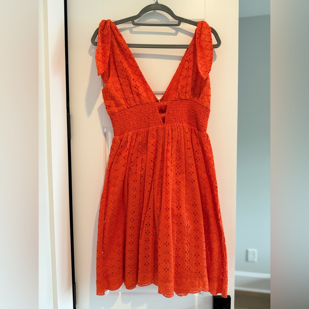 Valencia and Vine, Small Cotton V-Neck Shoulder Tie Eyelet Orange Dress